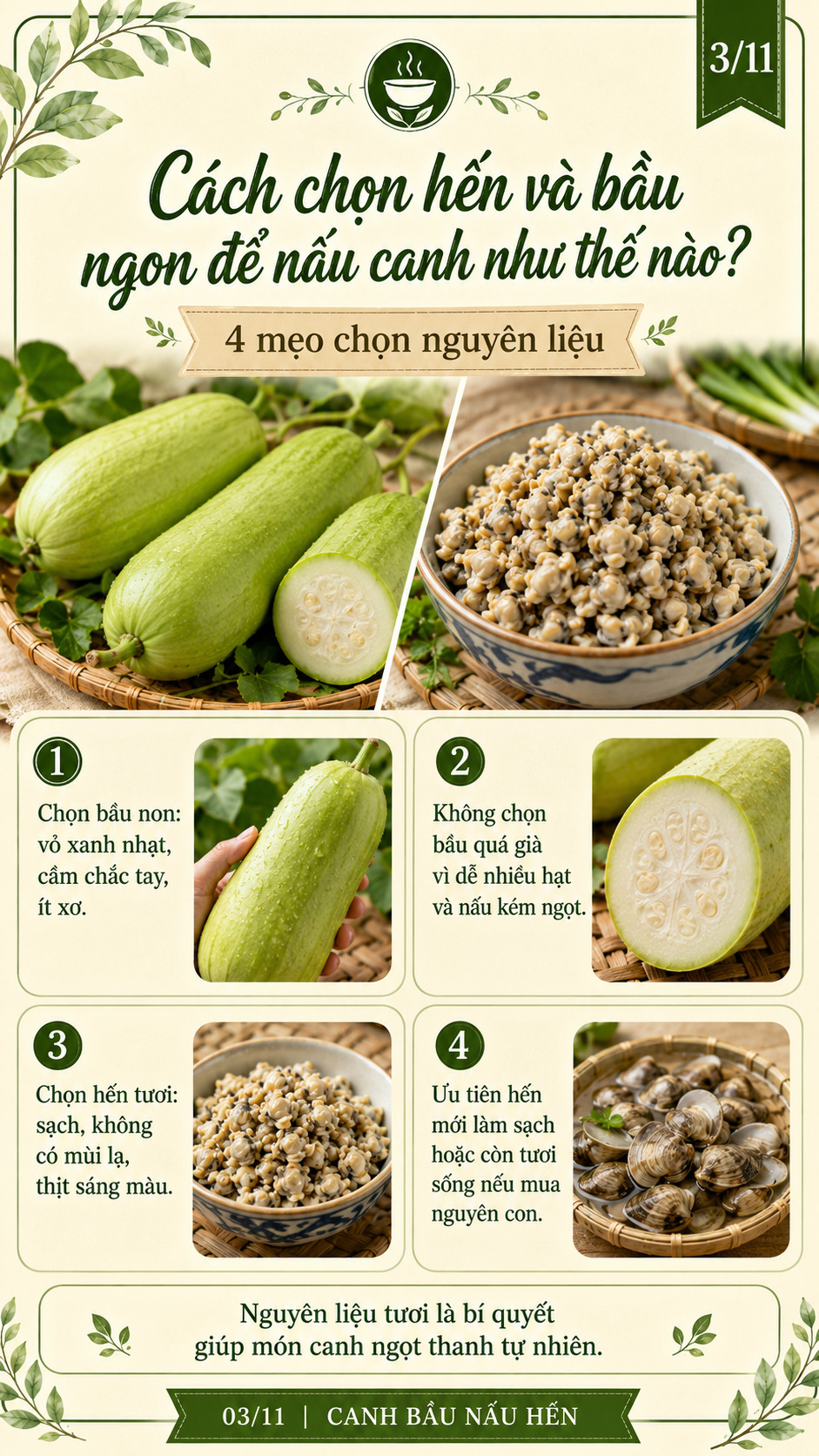 cách chọn hến và bầu để nấu canh 