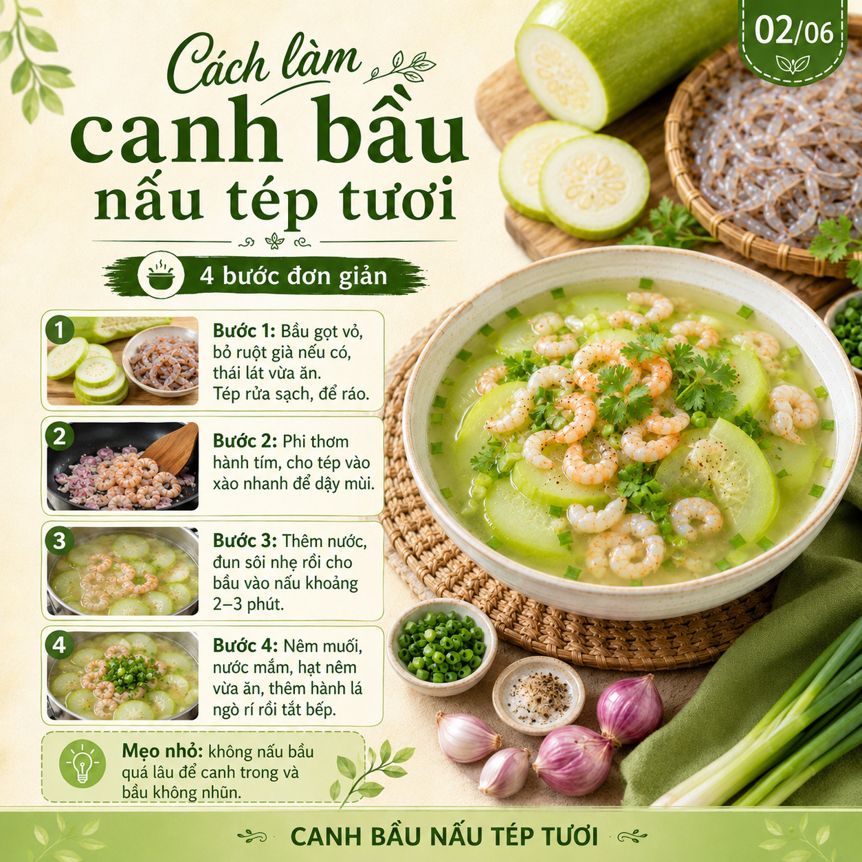 cách làm canh bầu nấu tép tươi