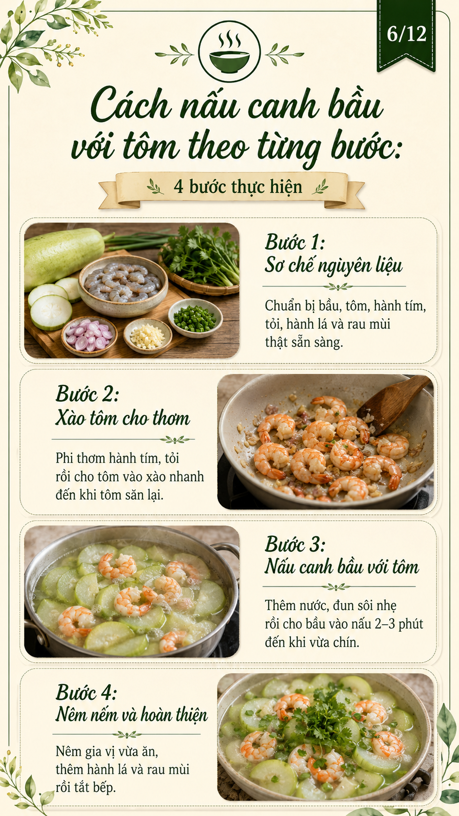cách nấu canh bầu tôm ngon theo các bước