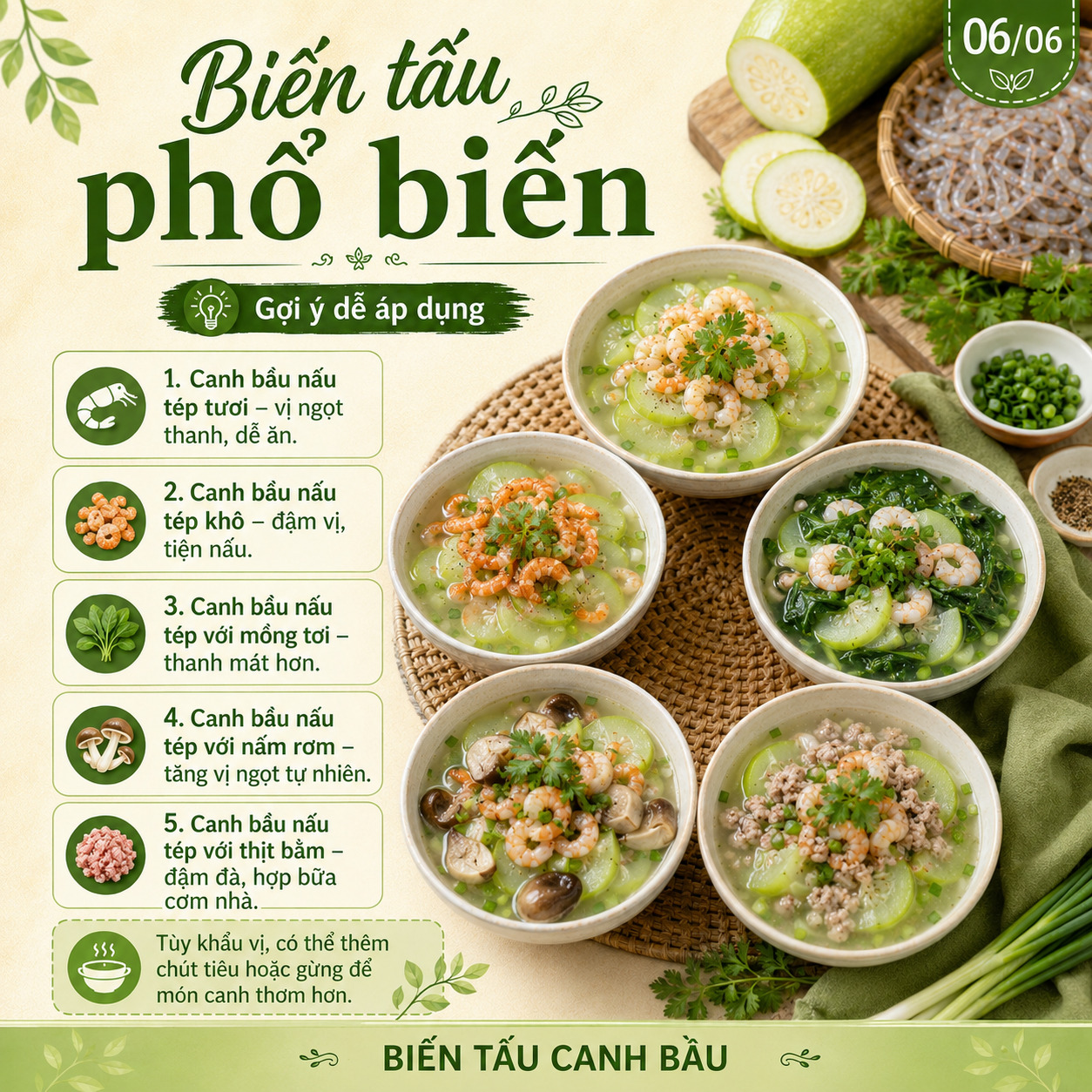 canh bầu biến tấu phổ biến