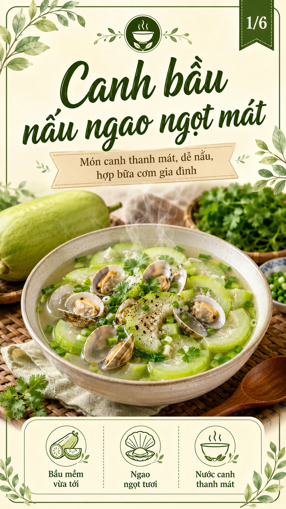 canh bầu nấu ngao ngọt mát