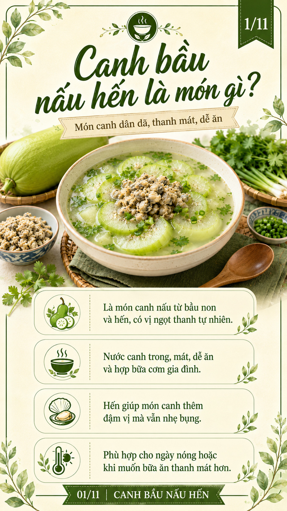 canh bầu nấu hến là món gì?