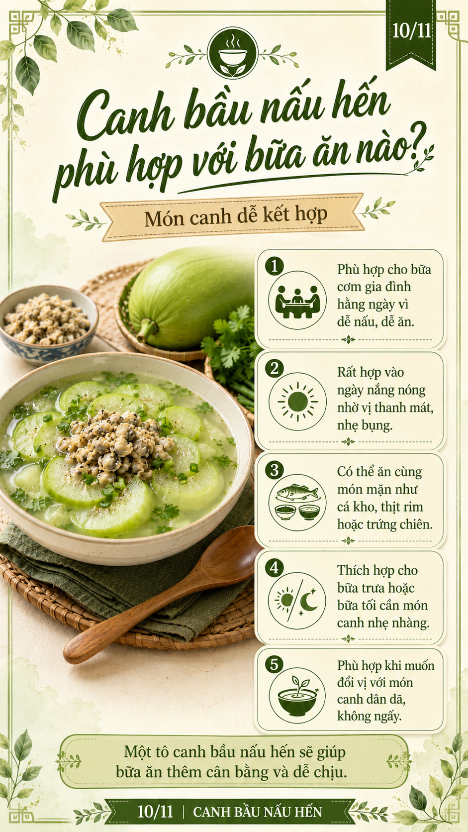 canh bầu nấu hến phù hợp biến tấm nào