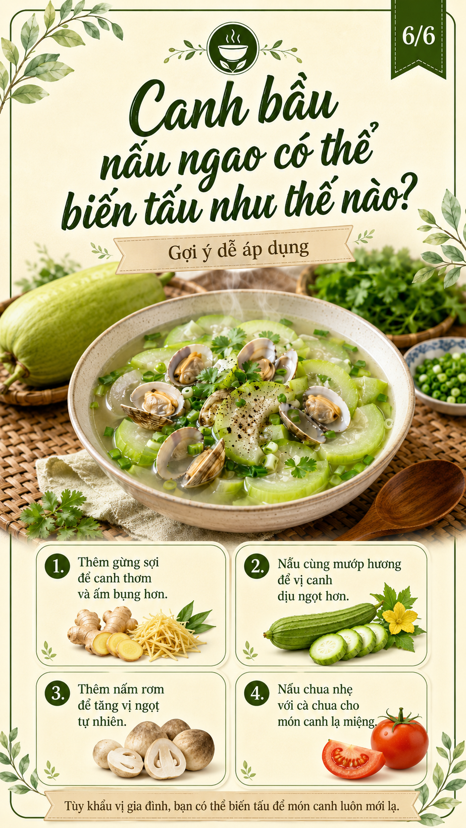 canh bầu nấu ngao biến tấu ra sao