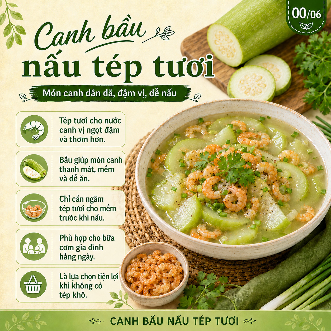 canh bầu nấu tép tươi