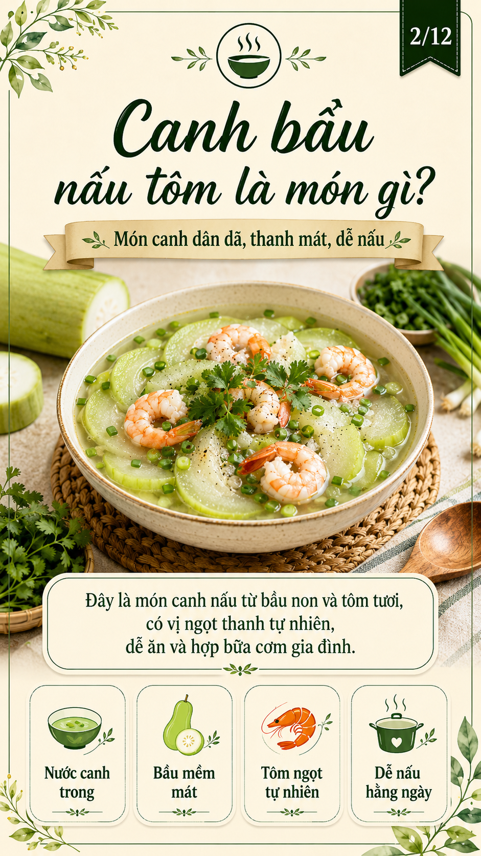 canh bầu nấu tôm là món gì