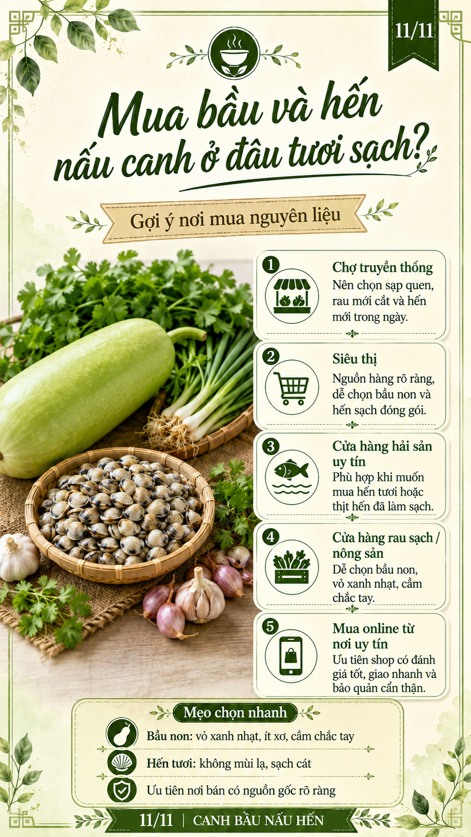 mua bầu và hến ở đâu để nấu canh
