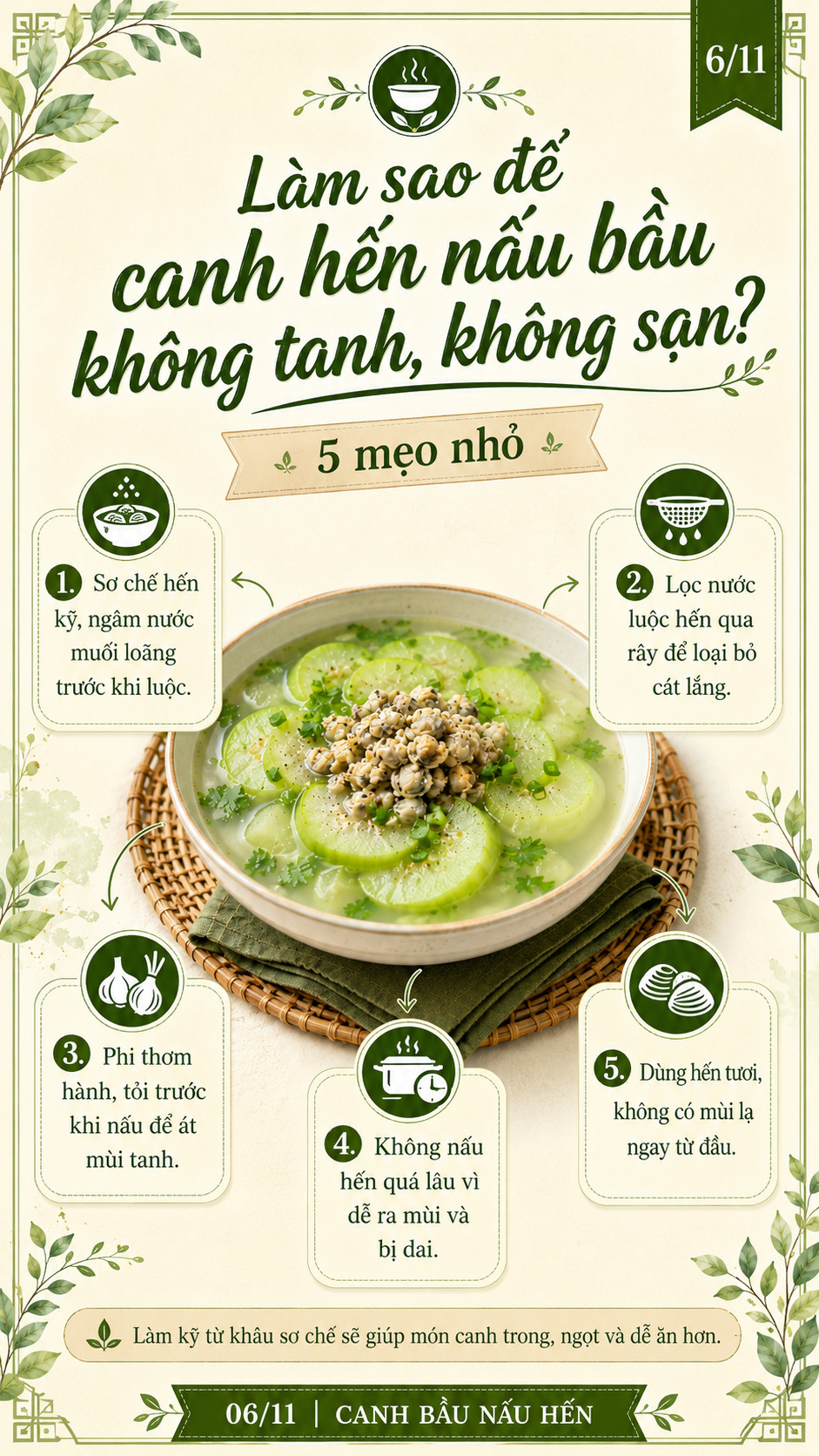 nấu canh hến nấu bầu không tanh không sạn