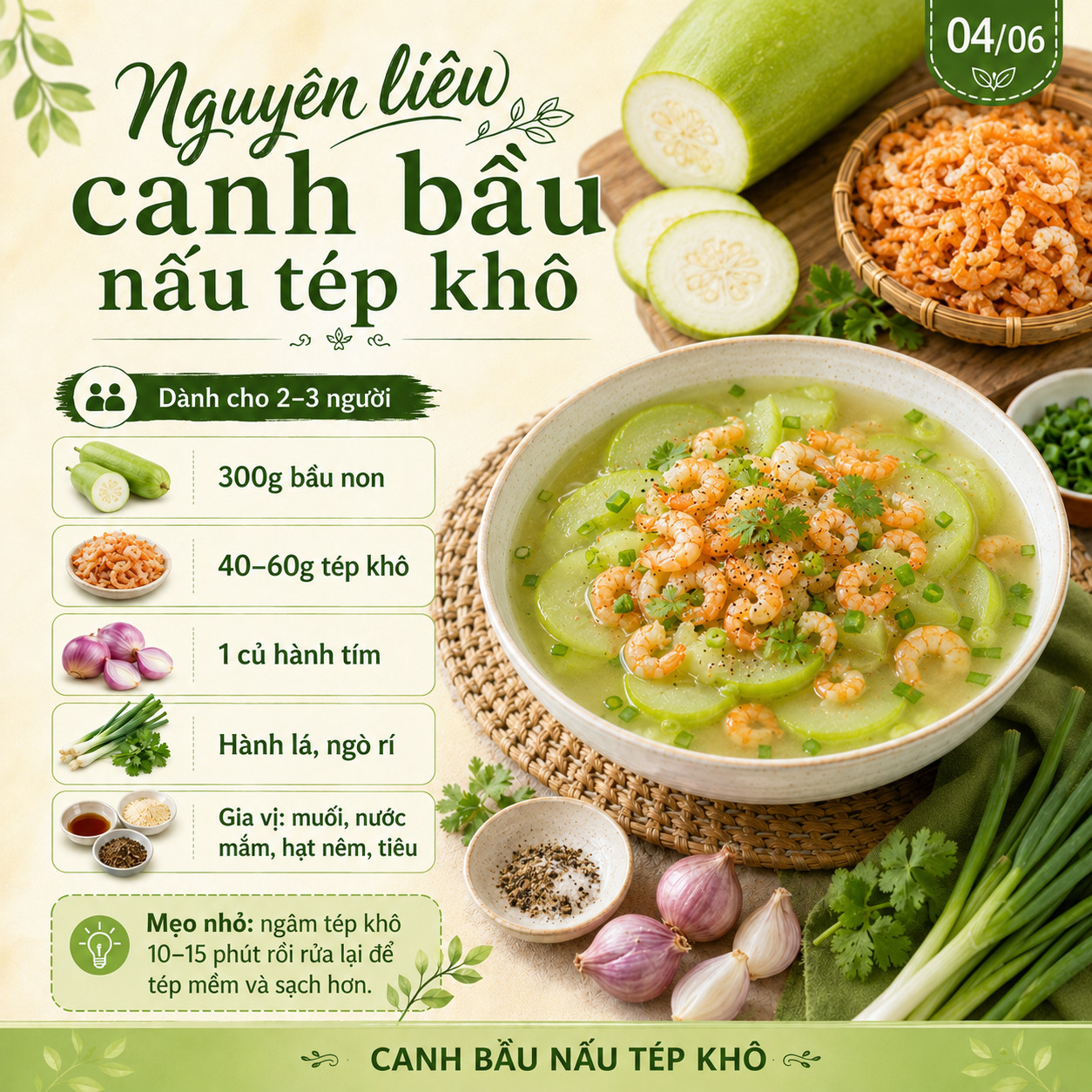 nguyên liệu canh bầu nấu tép khô