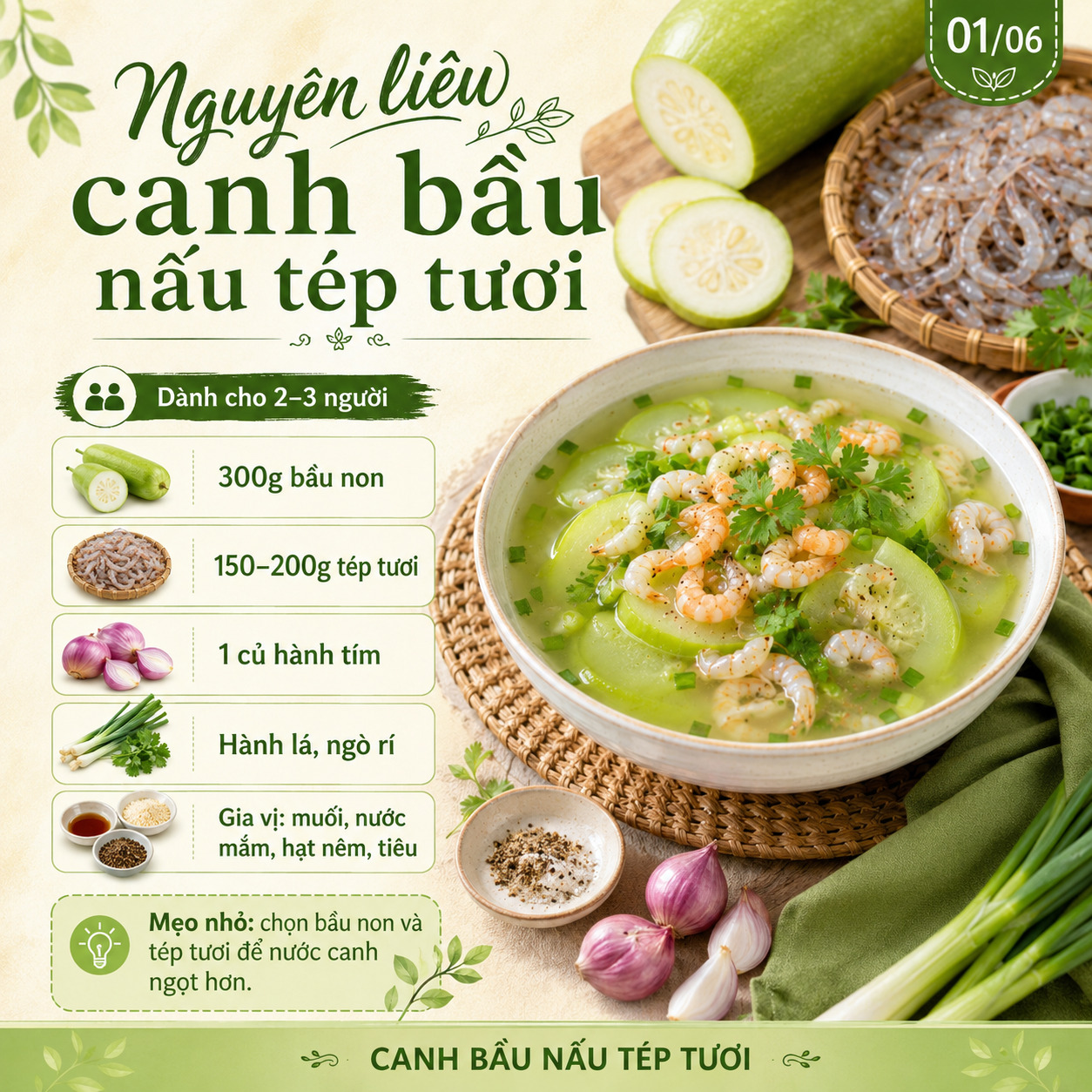 nguyên liệu canh bầu nấu tép tươi