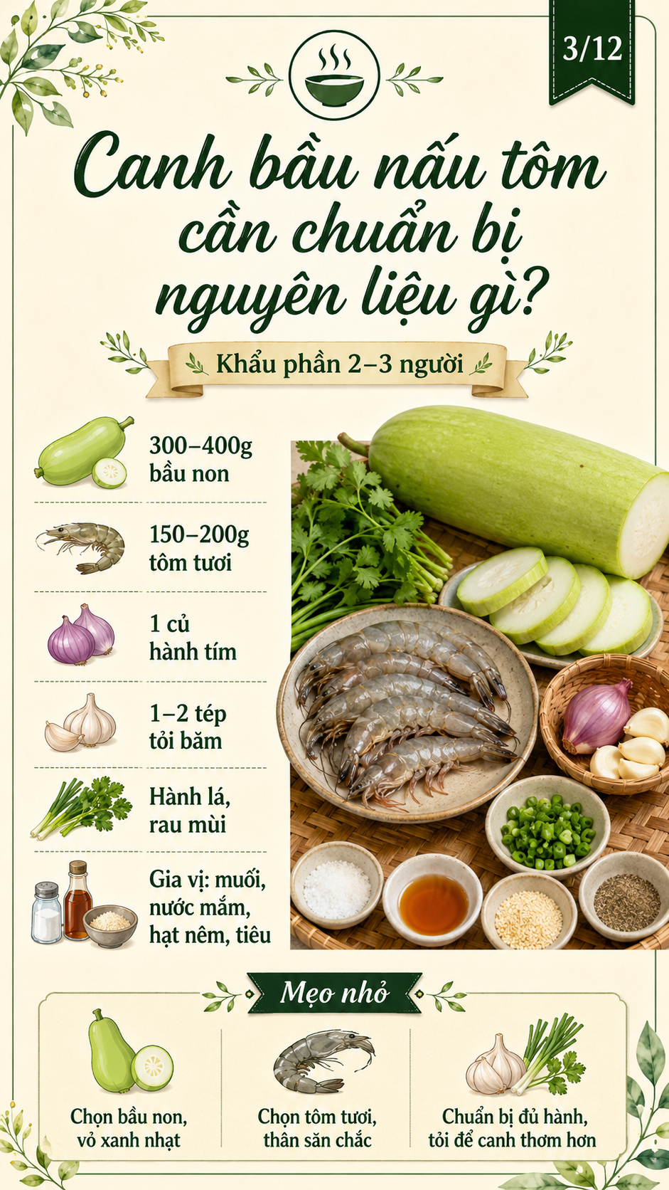 nguyên liệu chuẩn bị làm món canh bầu nấu tôm
