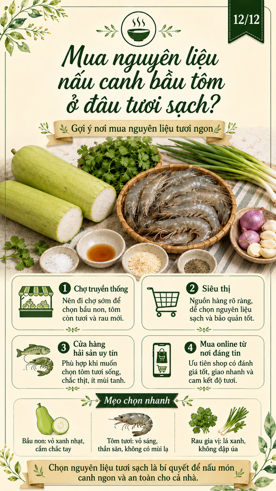 nguyên liệu nấu canh tôm bầu tươi sạch