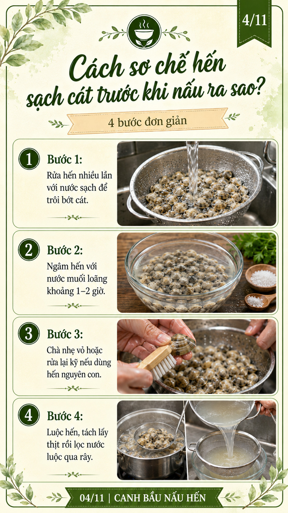 sơ chế trước khi nấu canh bầu hến